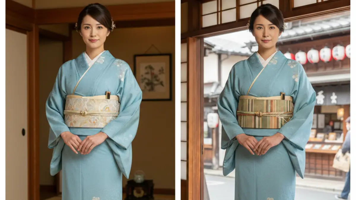 フォーマルと街着の帯比較 単衣の着物に袋帯と名古屋帯を合わせたフォーマルと街着の比較イメージ