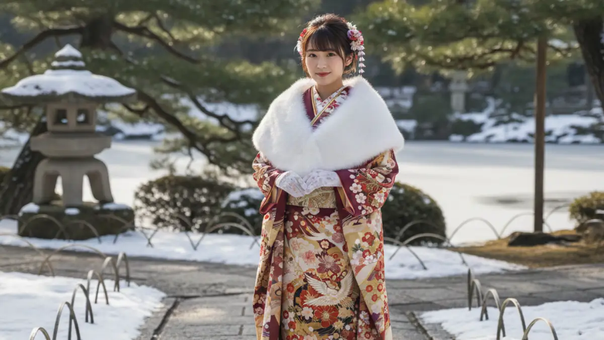 成人式で振袖にショールを合わせ屋外で防寒するイメージ