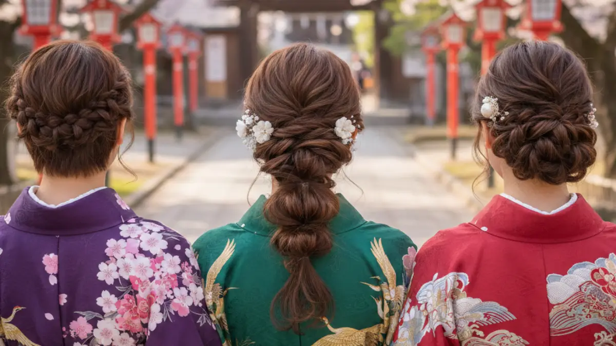 ショートボブミディアムロングの袴編み込みアップ比較