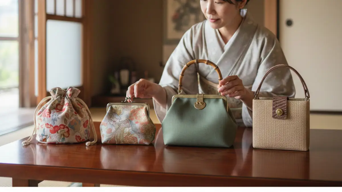 袴に合うバッグ種類一覧 袴に合うバッグの種類(巾着・がま口・利休バッグ・ミニハンドバッグ)のイメージ