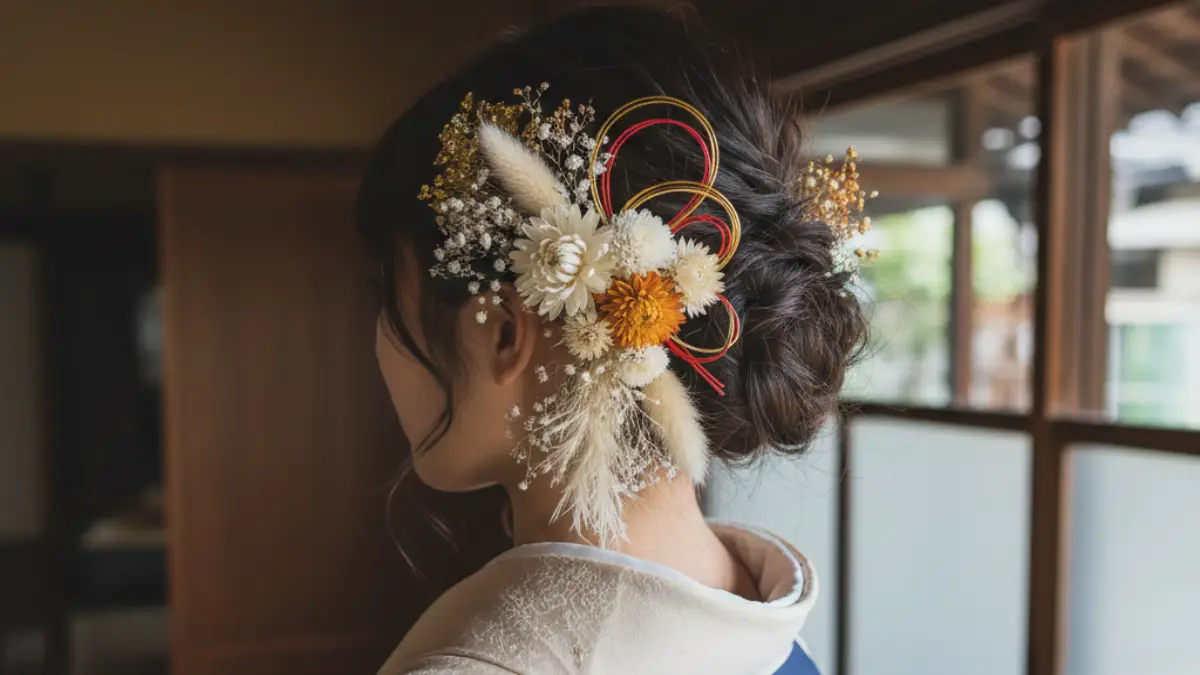 水引金箔髪飾りの編み込みアップ袴ヘア