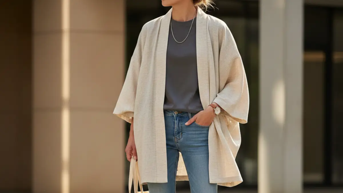 羽織とデニムの洋服コーデ 羽織とデニムを合わせた洋服コーディネートのイメージ
