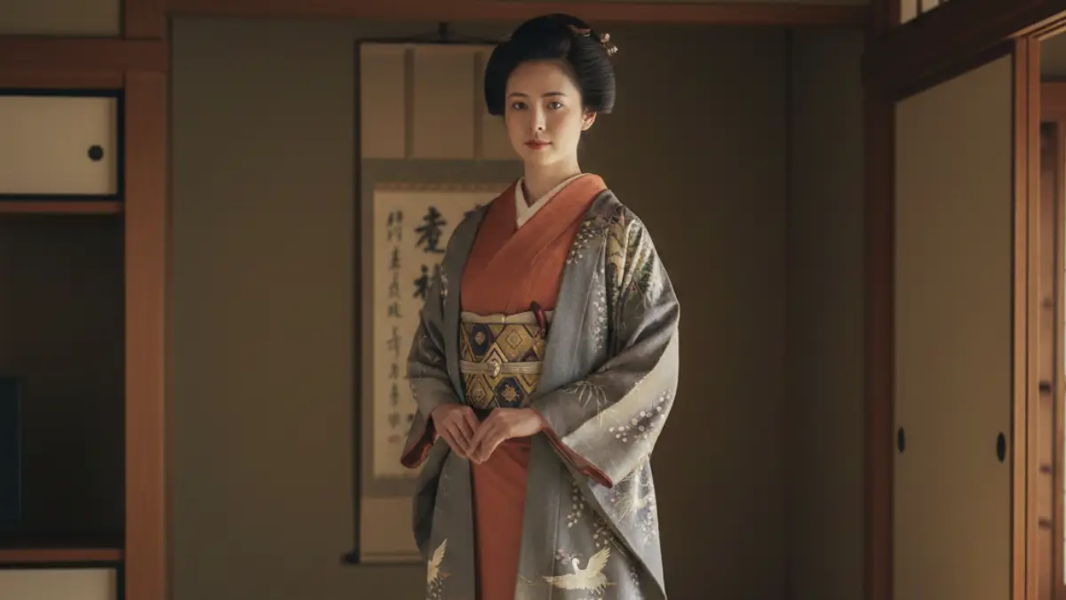 前が開いた羽織で帯が見える着物姿の女性