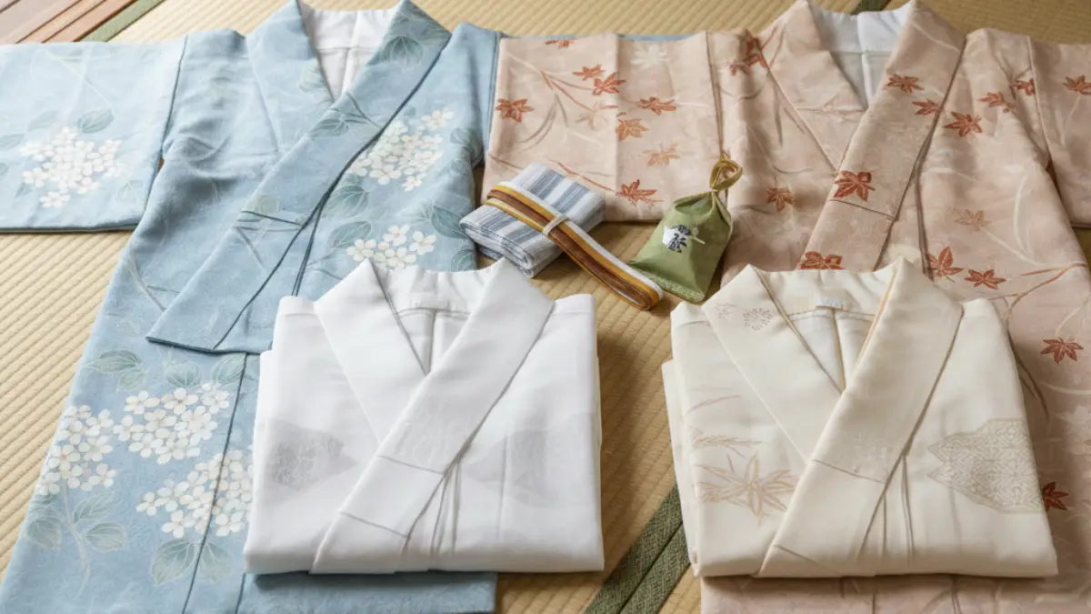 単衣の着物と長襦袢を着用した女性のコーディネートイメージ