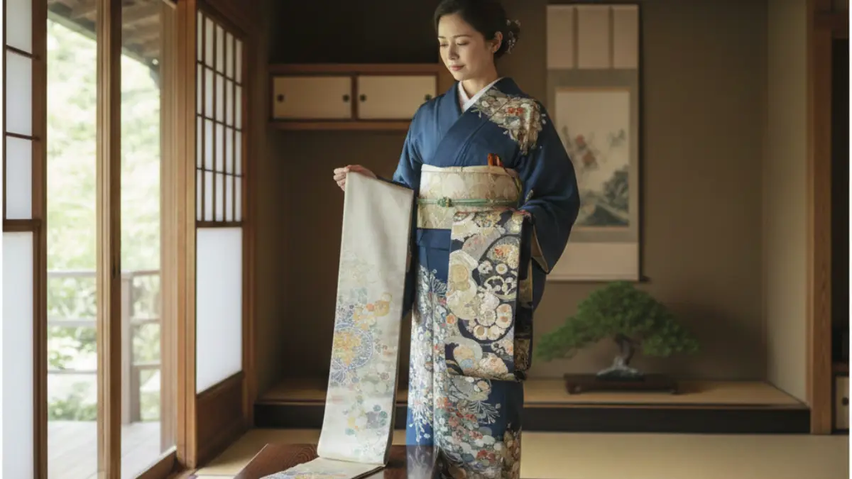 単衣に合う帯の比較例 単衣の着物に名古屋帯と袋帯を合わせた比較イメージ