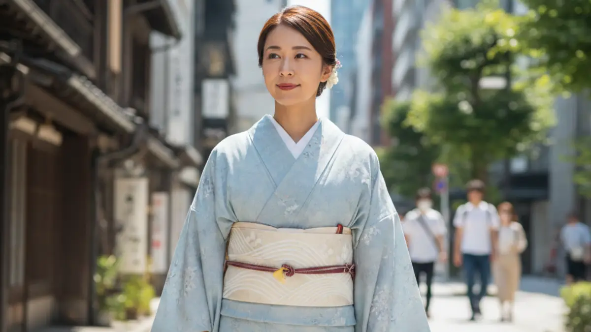 9月上旬の残暑に単衣の着物へ絽の名古屋帯を合わせ、秋色小物で季節感を整えた女性のコーデ