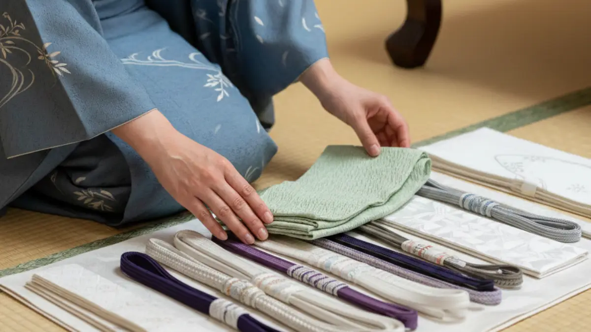 単衣の着物に合わせる帯揚げ帯締め半衿を並べ、9月の季節感に合わせて小物を選んでいる様子