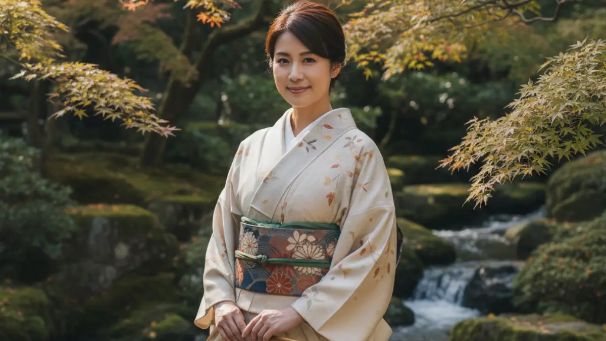 9月中旬の移行期に単衣の着物へ透けない名古屋帯を合わせ、秋口の小物で印象を整えた女性