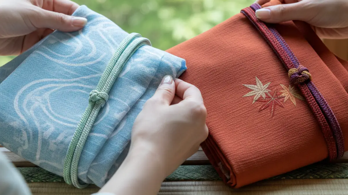 6月の帯揚げと帯締めを並べて小物の切替を比較する手元のイメージ