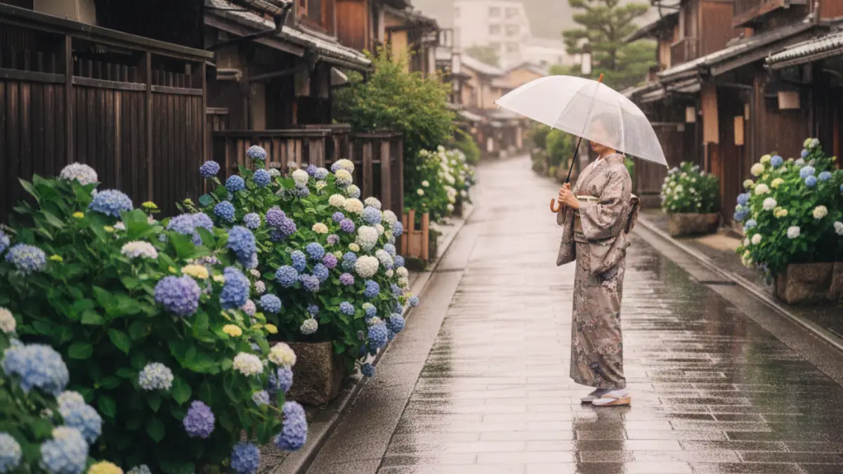 梅雨の雨の日に単衣と帯を実用重視で整えた外出コーデのイメージ