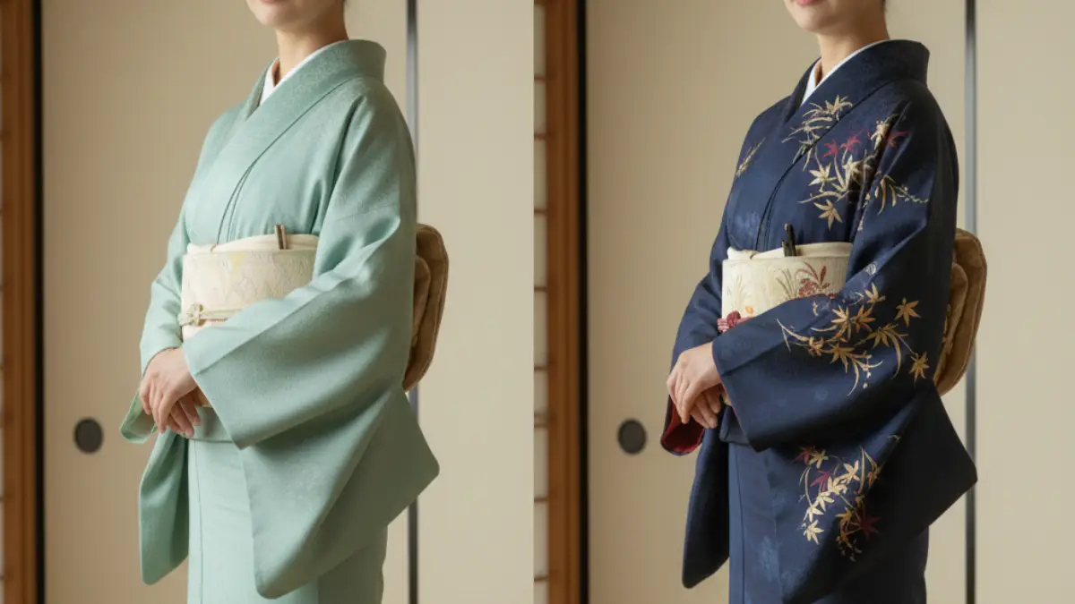 6月と9月の単衣の装いを比較できる長襦袢と半衿の違いのイメージ