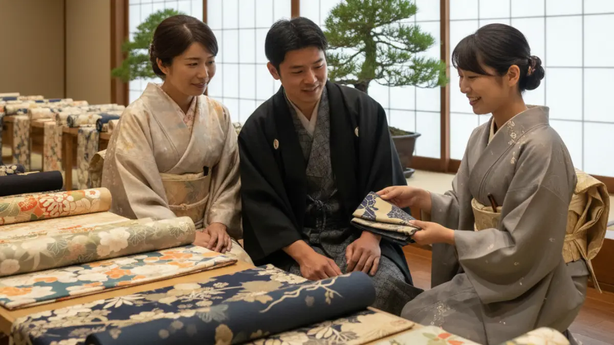 京都きもの市場 展示会の口コミと会場の雰囲気 京都きもの市場の展示会で来場者が着物を見比べながら説明を受けている様子