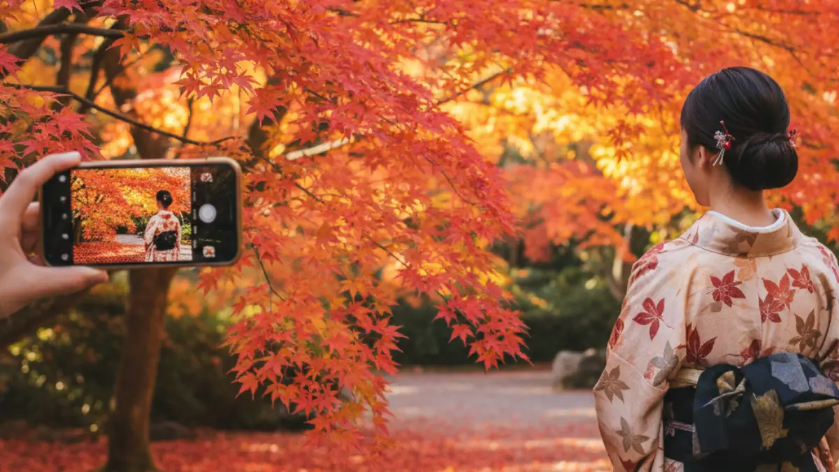 紅葉を背景に着物姿をスマホで撮影する構図 SNS向けの写真イメージ