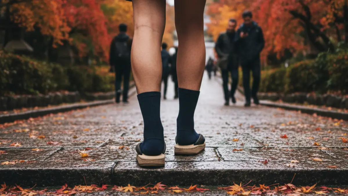 紅葉の石畳を着物で歩くイメージ 足元と防寒の注意点