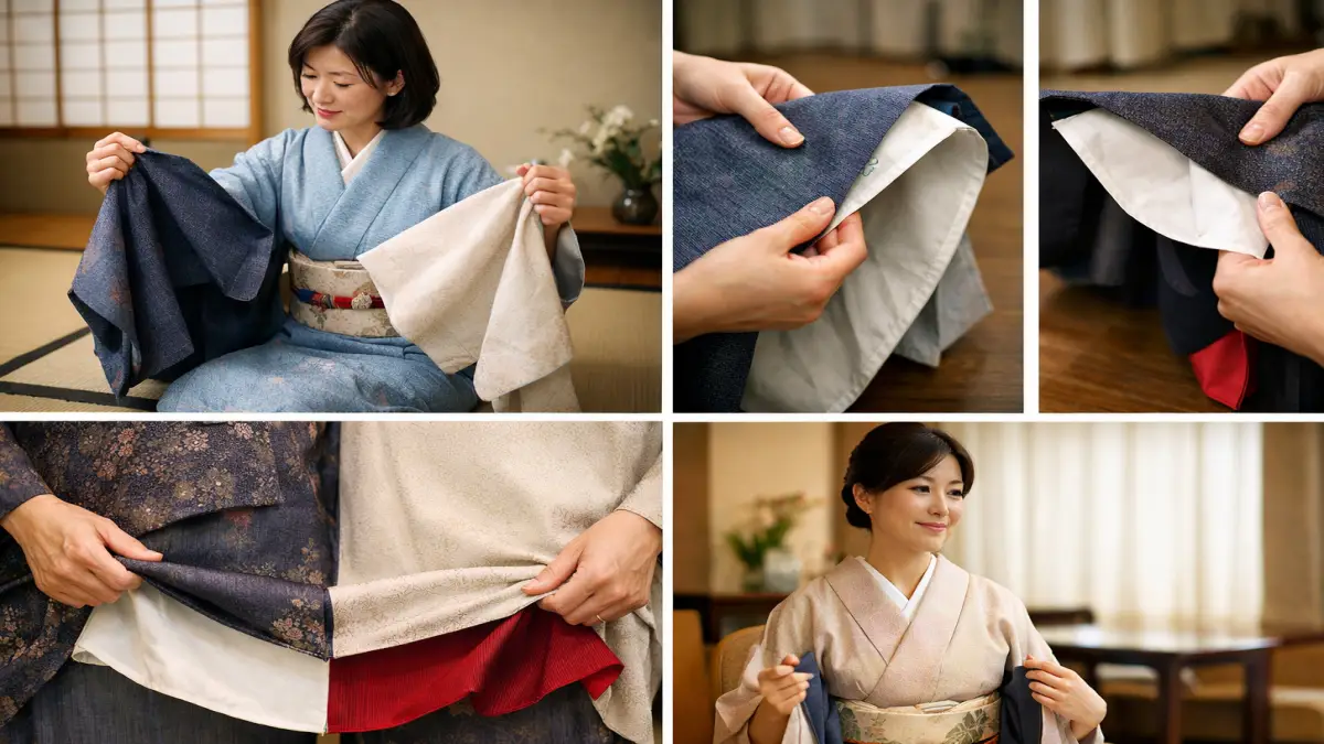 単衣の時期に袷を着るか迷う場面を想定した室内の着物姿