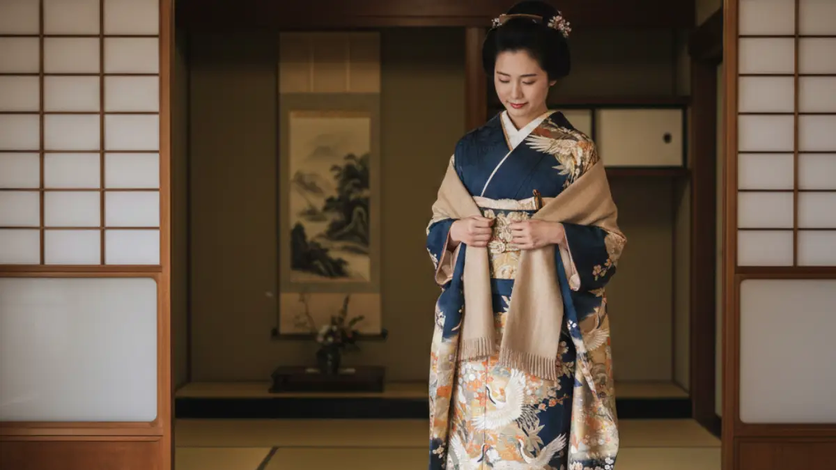 着物で室内に入る前にショールを外すマナーのイメージ