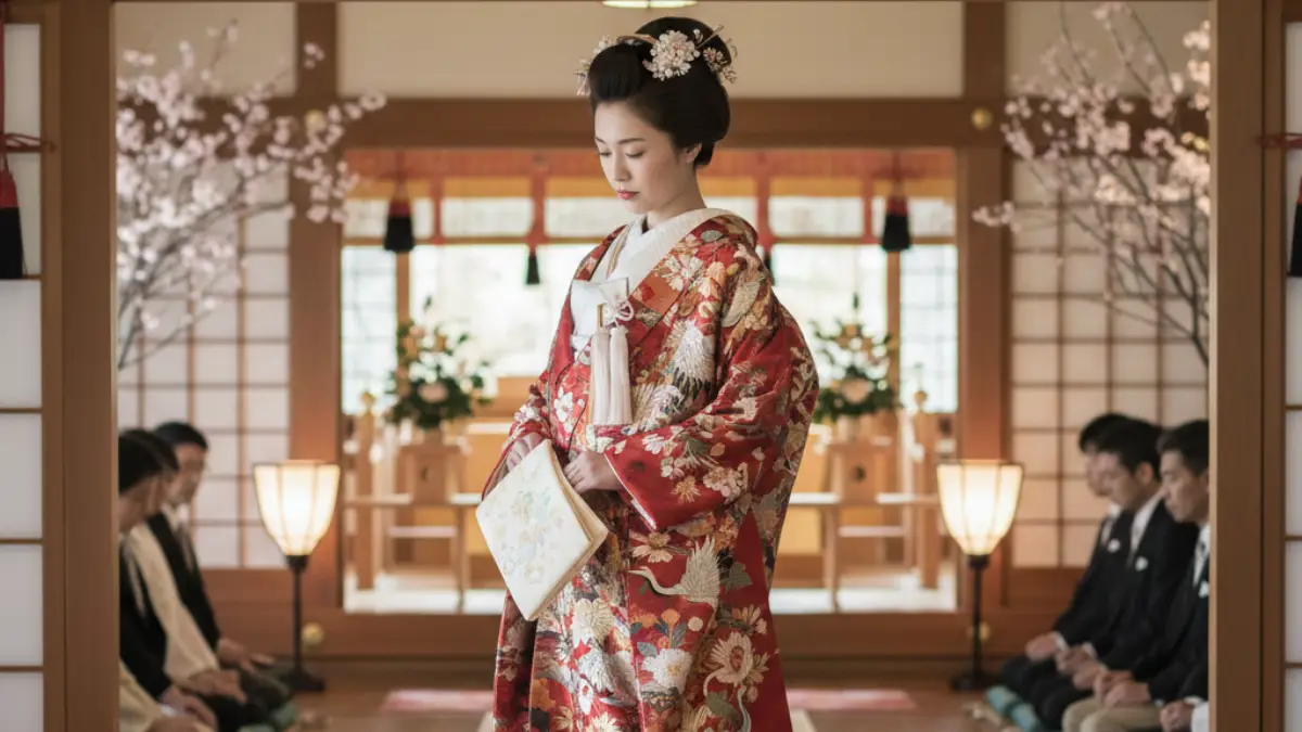 結婚式会場で着物ショールを控えめに扱うマナーのイメージ