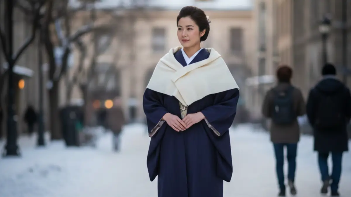 冬の外出で道行コートにショールを合わせた着物姿の女性