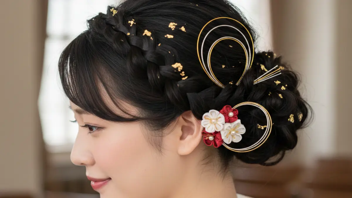 袴に合う低め編み込みシニヨンの後ろ姿