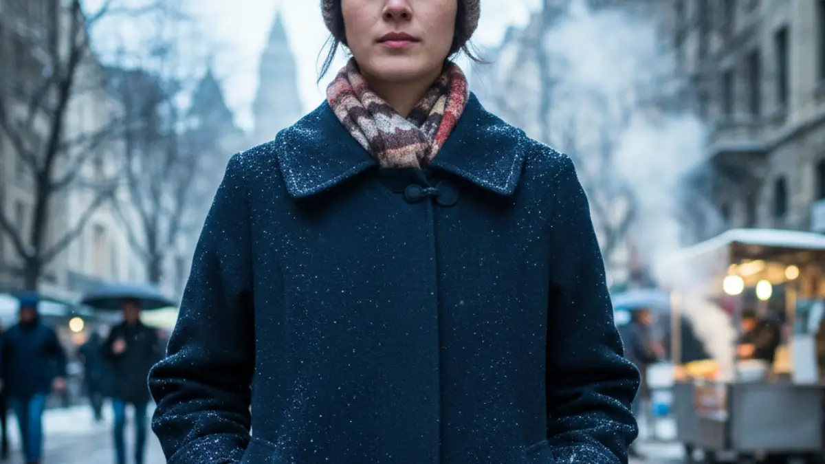 冬の屋外で道行コートを前を閉じて着用する着物姿の女性