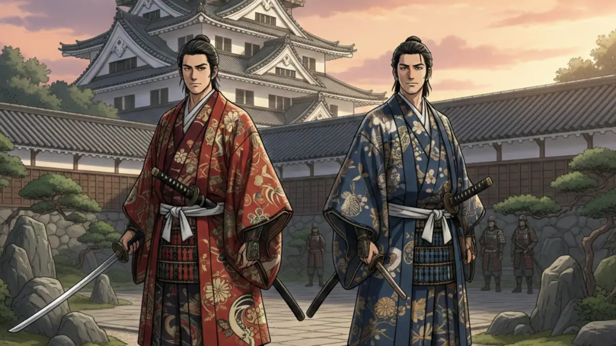 桃山時代の武家装束の意匠 桃山時代の武家装束を再現した横長アニメイラスト。金銀や大胆な和柄意匠が特徴