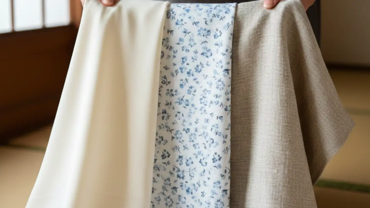 長襦袢の素材を手に取り質感を比較しているイメージ