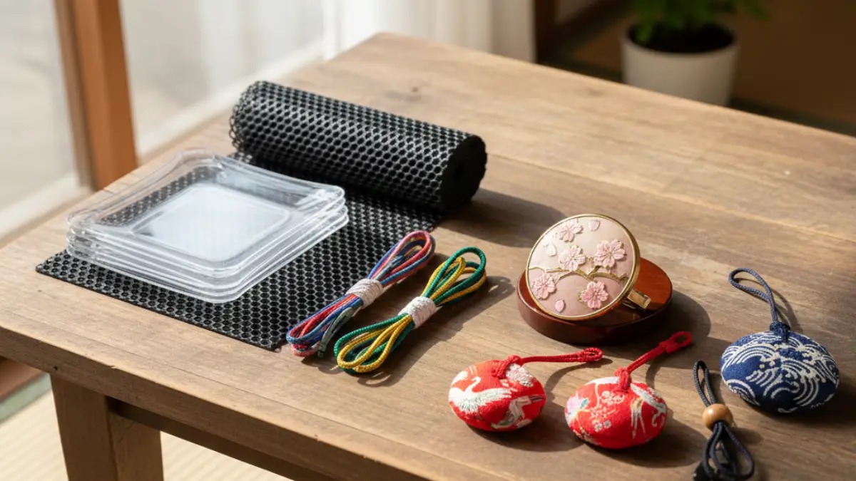 帯飾り根付プレートの100均代用候補 100均で入手できるプラスチック板と滑り止めシート、ストラップ紐を机の上に並べた比較写真