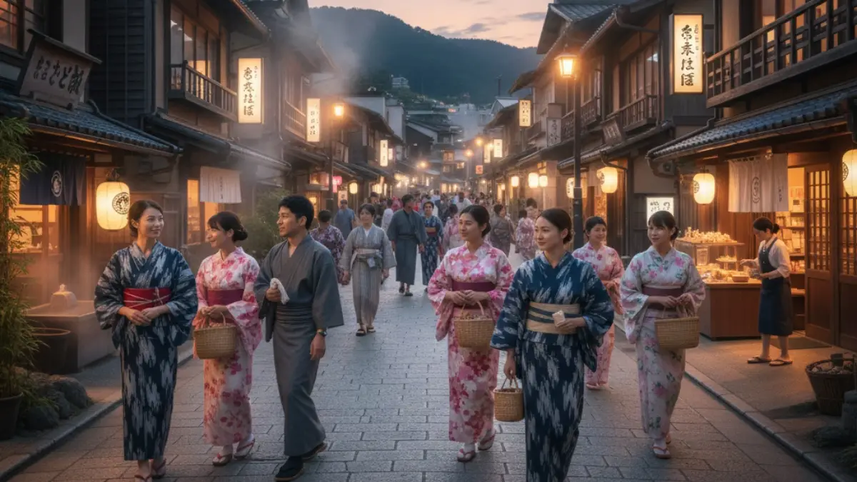 浴衣姿で温泉街を散策する宿泊客