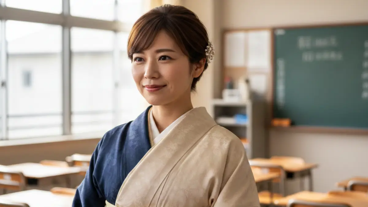 小ぶりのパール髪飾りを一点つけたショート袴ヘアの日本人女性教師