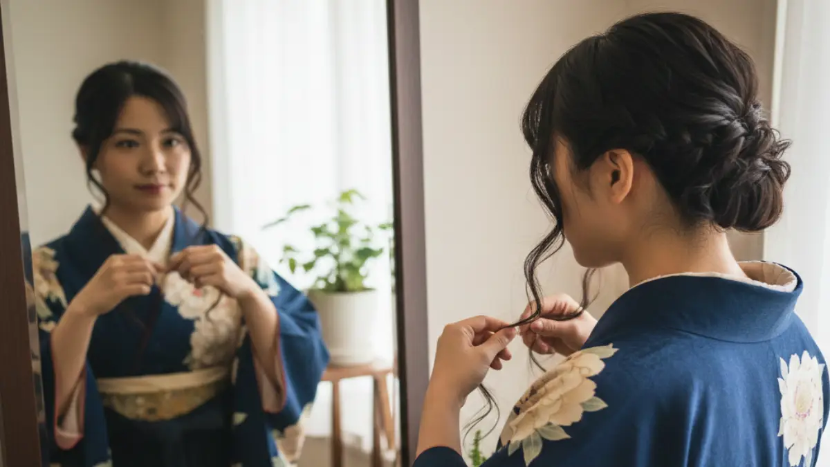袴ヘアをセルフで編み込みアップする女性