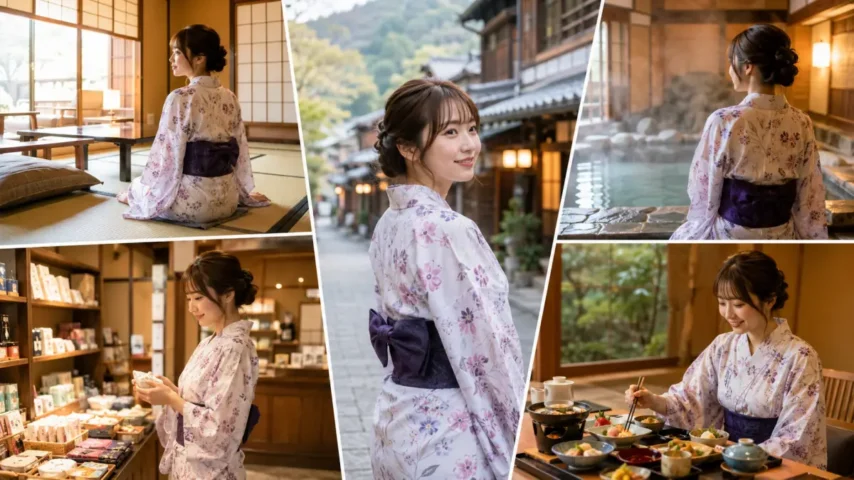 旅館の客室や売店、食事処、温泉街で浴衣を着て過ごす宿泊者