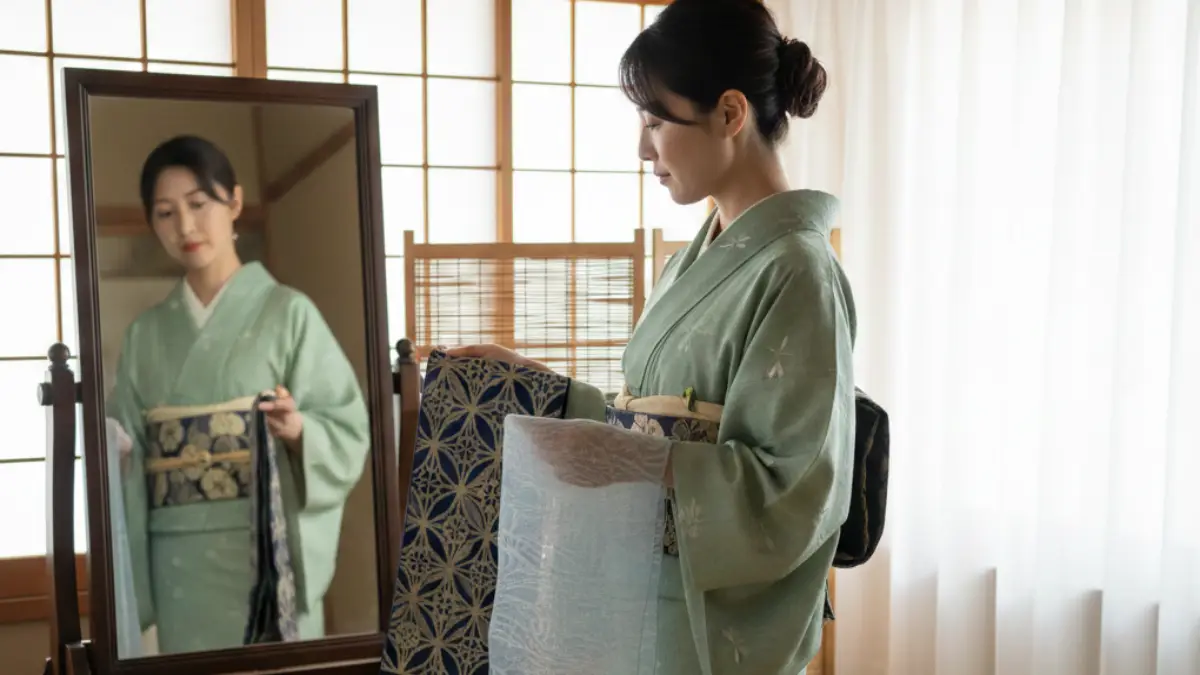 絽の帯と透けない帯を見比べて6月の夏帯可否を判断する単衣コーデ