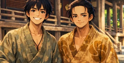 桃山時代風の着物を着た豊臣兄弟を描いたアニメ風イラスト。桐紋を思わせる和柄と戦国武将の装束が特徴