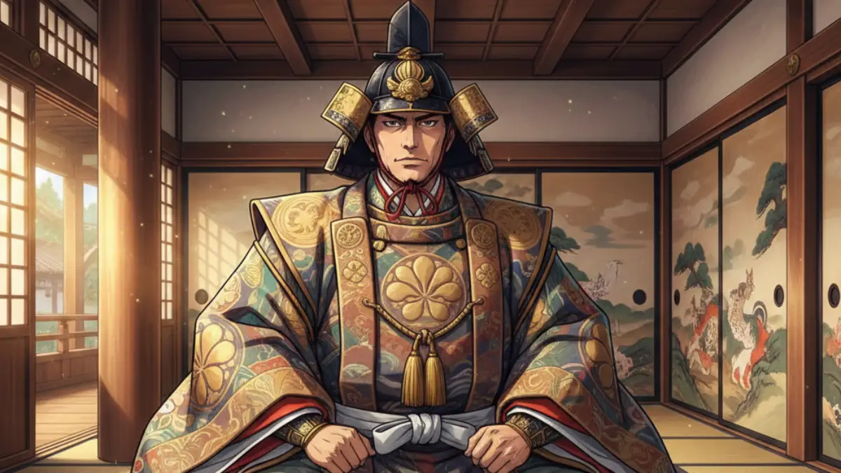 豊臣秀吉と五七桐の装束イメージ 五七桐の家紋を象徴的に配した装束の豊臣秀吉を描いた横長アニメイラスト