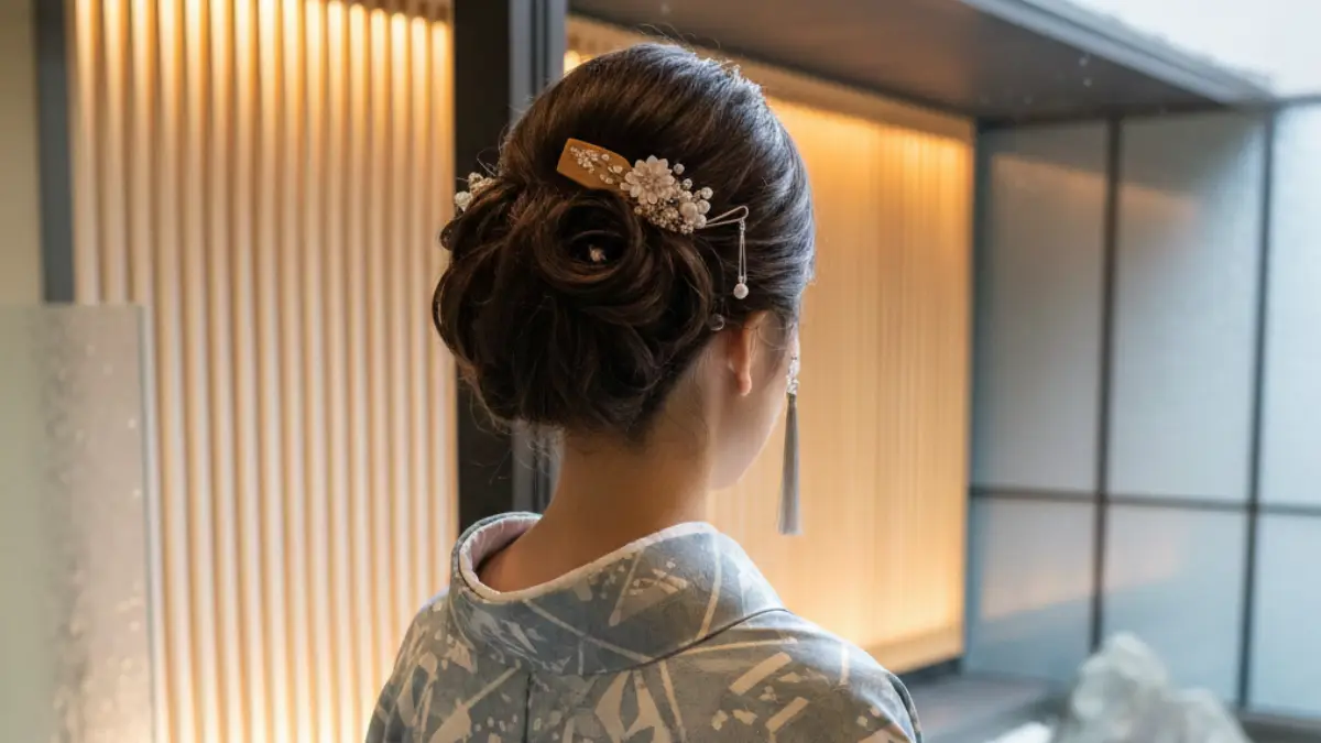 夜会巻きにコームとかんざしを合わせた着物ヘア