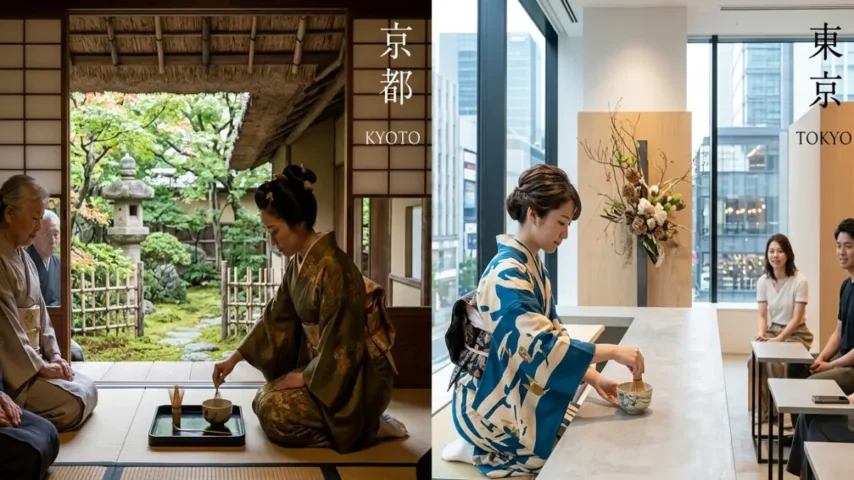 京都と東京の茶道体験の違い 京都と東京の茶道体験の違いをイメージした比較画像