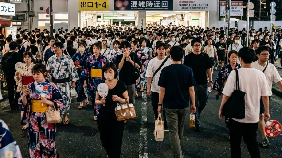 花火大会終了後に駅周辺が混雑し歩行負担が増える状況
