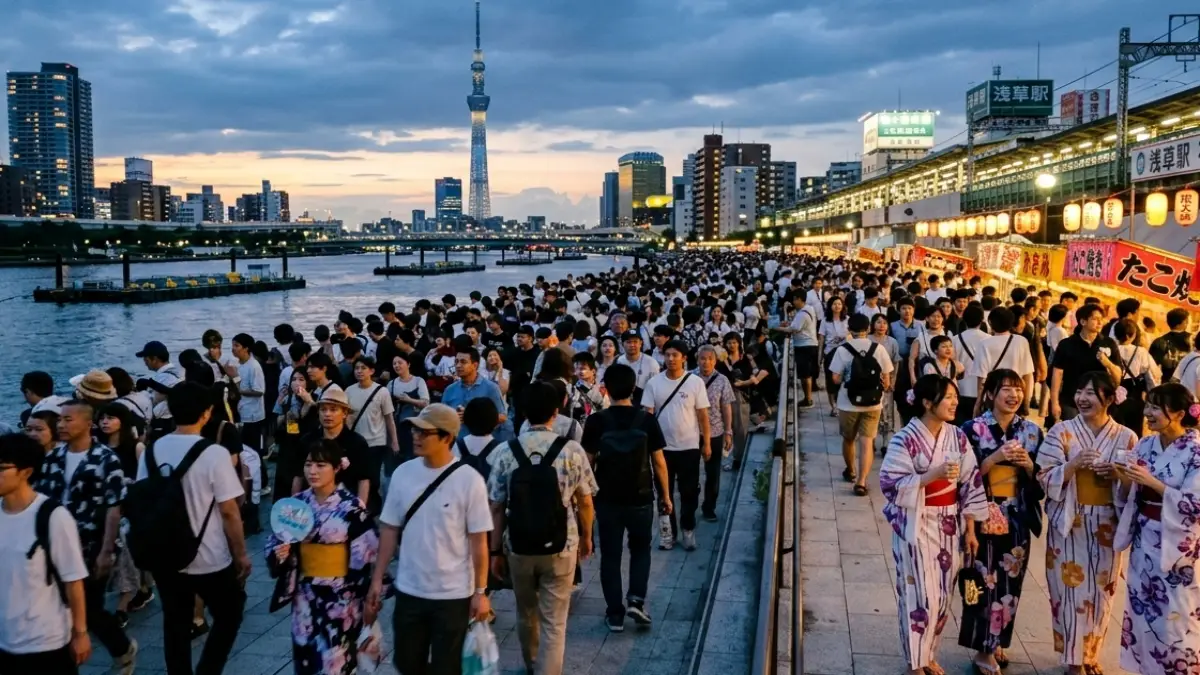 都市型の花火大会で私服が多く浴衣も混ざる来場者の風景