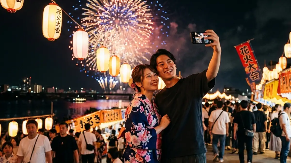 花火大会デートの写真映えイメージ 花火大会で浴衣姿の彼女と私服の彼氏が写真を撮る様子