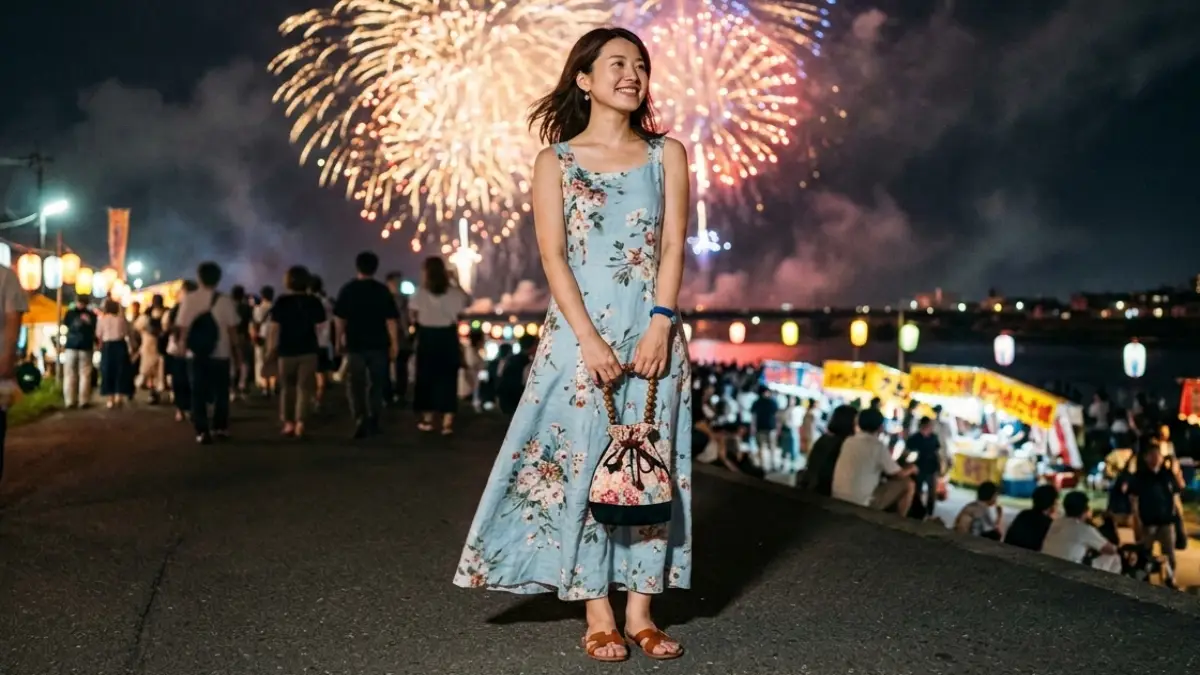 花火大会でロングワンピースを着た日本人女性の私服コーデ例