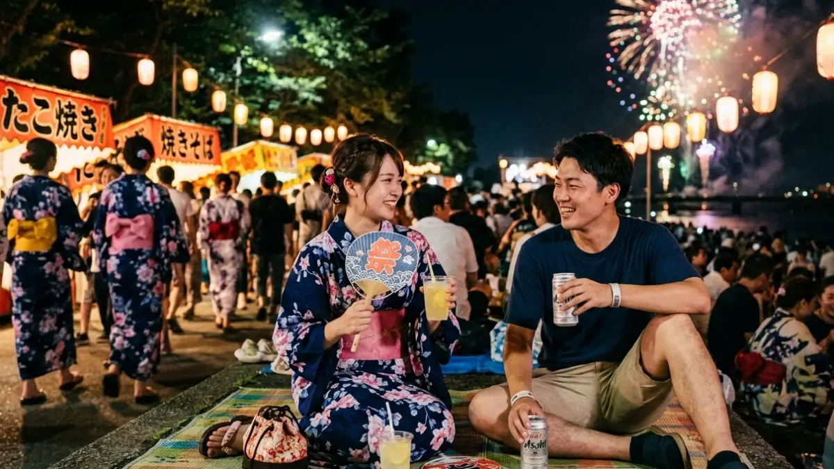 花火大会での暑さ対策の様子 花火大会で飲み物を持ち暑さ対策をする日本人カップル