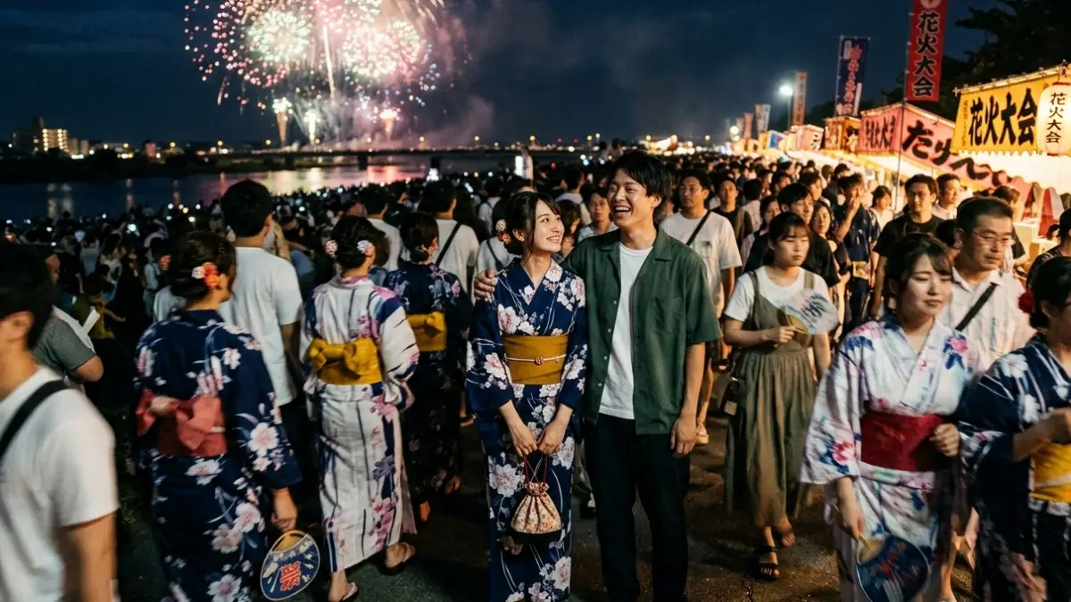 浴衣と私服が混在する花火大会の雰囲気 花火大会で浴衣と私服が混在している日本人参加者の様子
