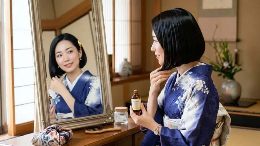 七五三ボブ整え方のコツ 七五三着物 ボブそのまま 整え方 ヘアオイルで整える女性