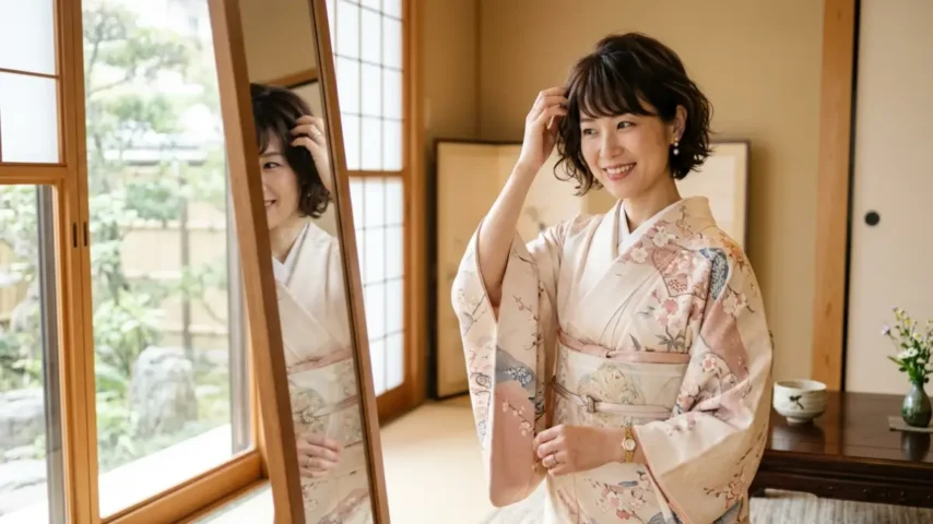 七五三ボブそのまま判断基準 七五三着物 ボブそのまま 判断基準を確認する着物姿の日本人女性