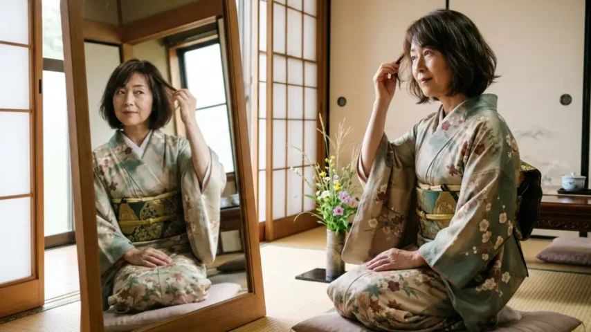 着物 髪型ボブ50代 そのまま整えたボブヘアスタイル