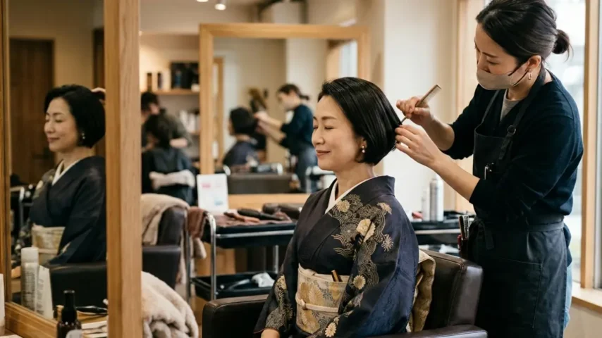 着物 髪型ボブ50代 美容院ヘアセット