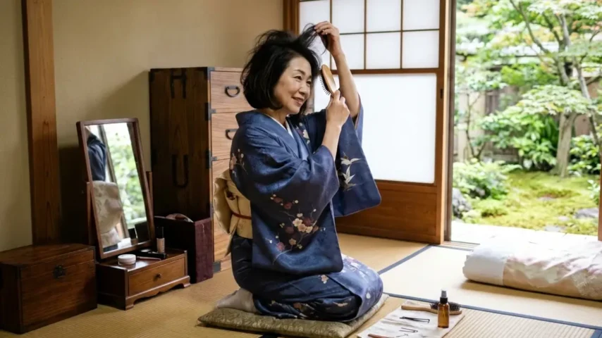 着物 髪型ボブ50代 トップにボリュームを出すスタイリング