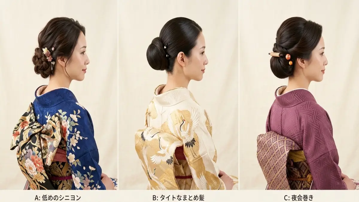 着物 髪型 ロング大人 人気和装ヘア比較 シニヨン 夜会巻き