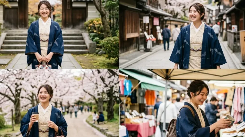 着物を羽織にリメイクして満足している女性