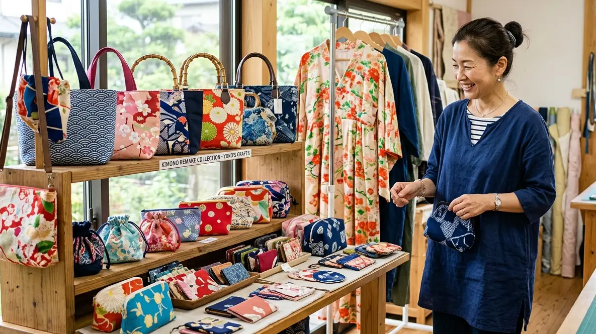 着物リメイク無料型紙で作れるバッグや小物と服の実例